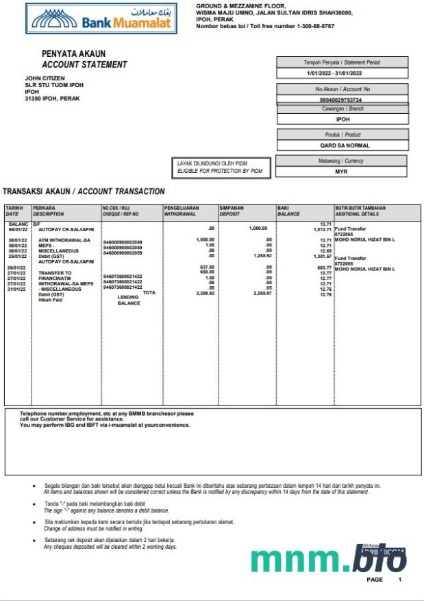 Szablon wyciągu bankowego Malezji BSN w programie Word i PDF